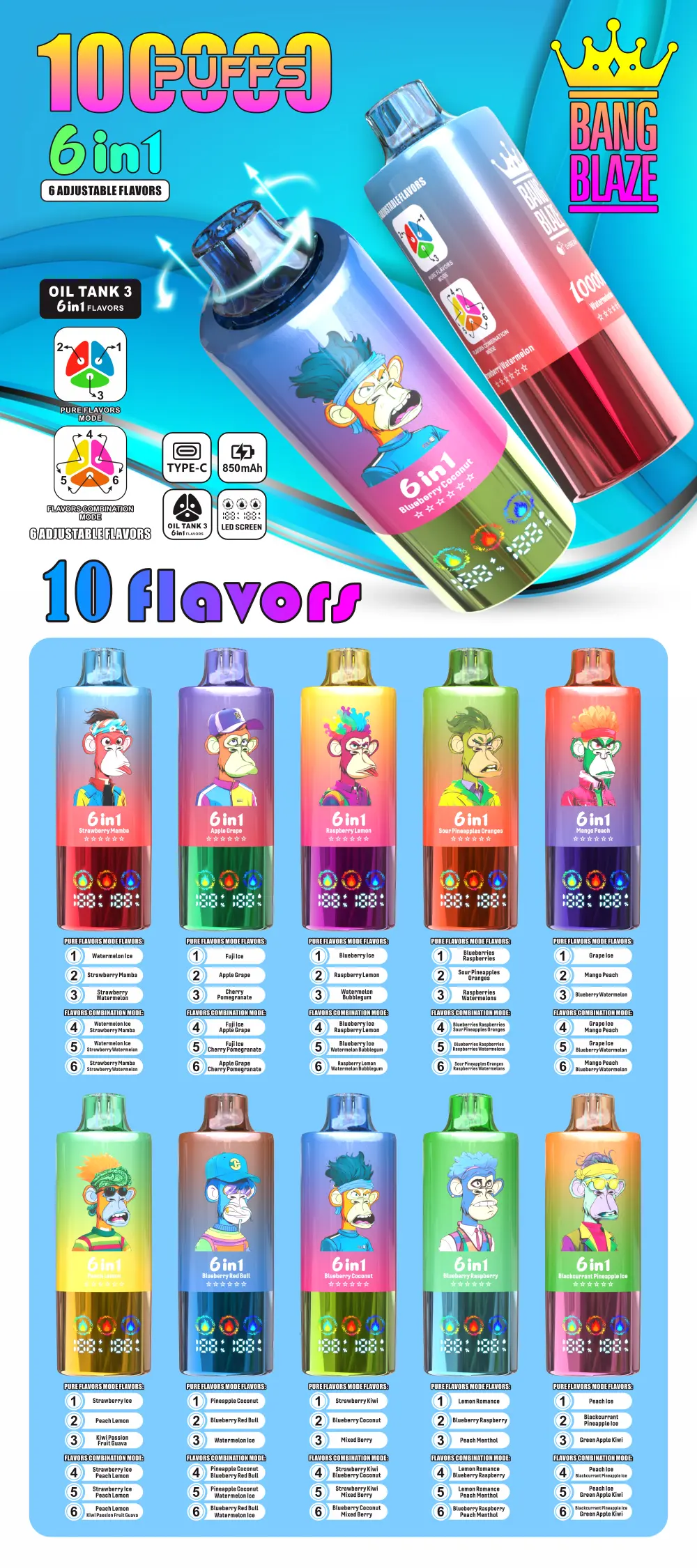 Bang Blaze 100k Puffs Vape Monouso 6 in 1 100000 Tiri Spedizione Gratuita da Magazzino UE