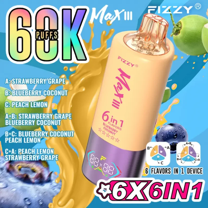Fizzy 60K Tiri 60000 Sigaretta Elettronica Usa e Getta 6 in 1 Gusti Spedizione Gratuita dal Magazzino UE