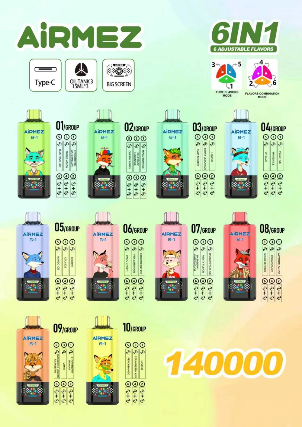 Airmez 140k Puff Vape Usa e Getta 6 in 1 Vendita all’Ingrosso 3-7 Giorni Lavorativi Spedizione Magazzino UE