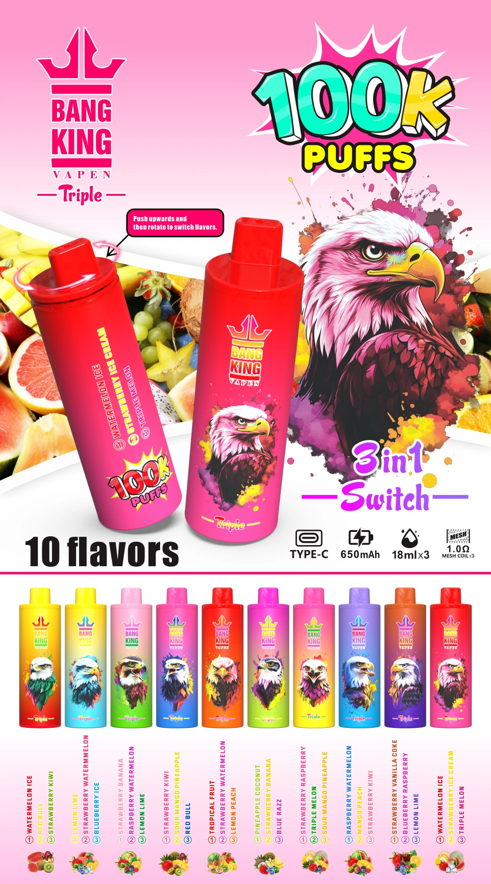 Bang King 100000 Puffs 100k Vape Usa e Getta 3 in 1 Tre Aromi Spedizione Gratuita Vendita all'Ingrosso