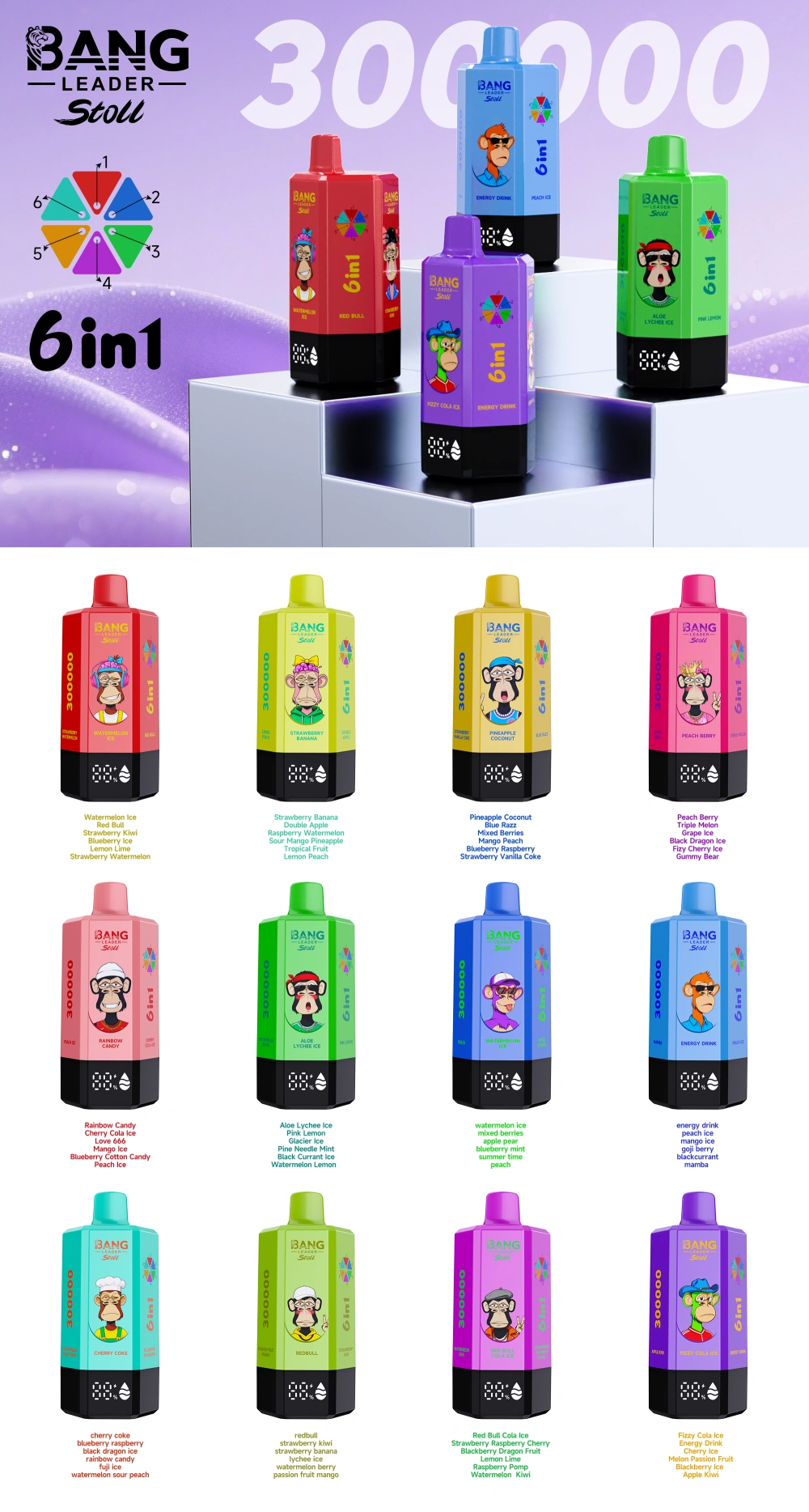 Bang Leader Stoll 300k Puffs 6 in 1 Vape Usa e Getta 300000 Ingrosso Spedizione Gratuita