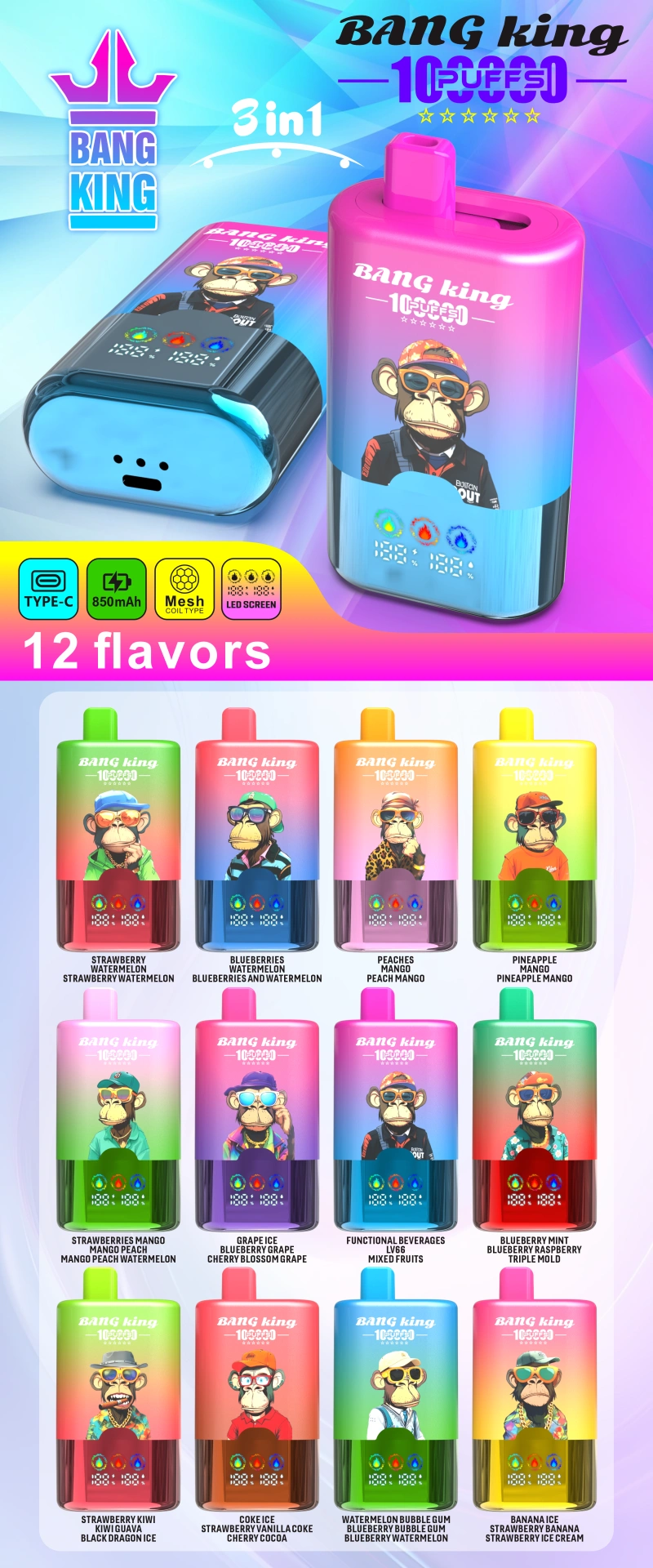 Bang King 100k Tiri 3 In 1 Schermo Intelligente Vape Usa E Getta Vendita All Ingrosso Spedizione Gratuita