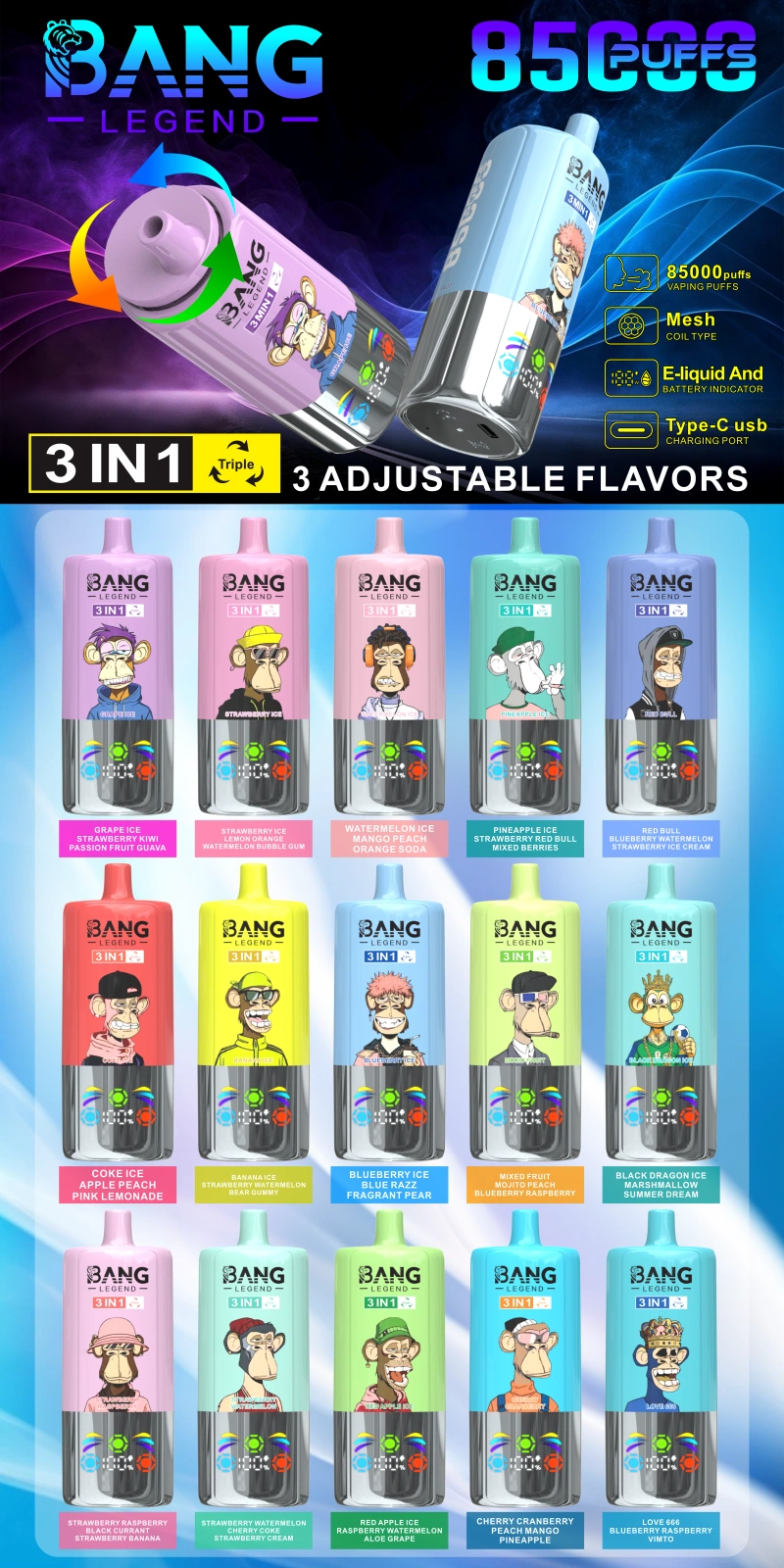 Bang Legend 85000 Puffs 85k Sigaretta Elettronica Usa e Getta 3 in 1 Spedizione Gratuita dal Magazzino in Cina