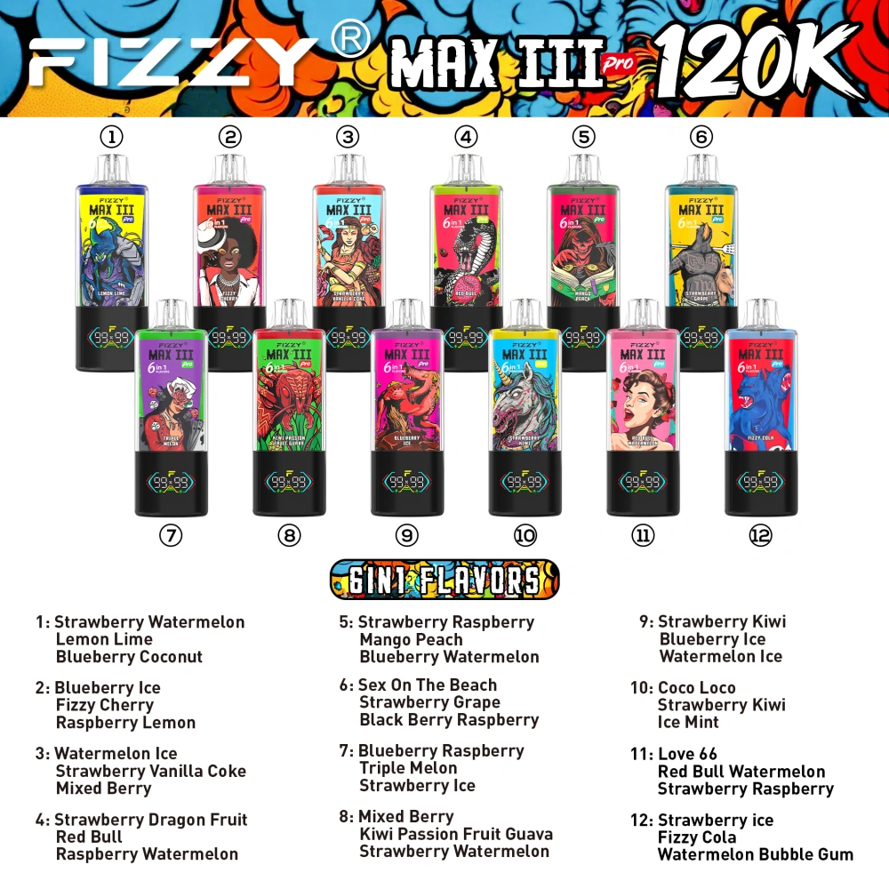 Fizzy 120k Puffs 6 in 1 Max III Pro Miglior Sigaretta Elettronica Usa e Getta 120000 Spedizione Gratuita Magazzino UE
