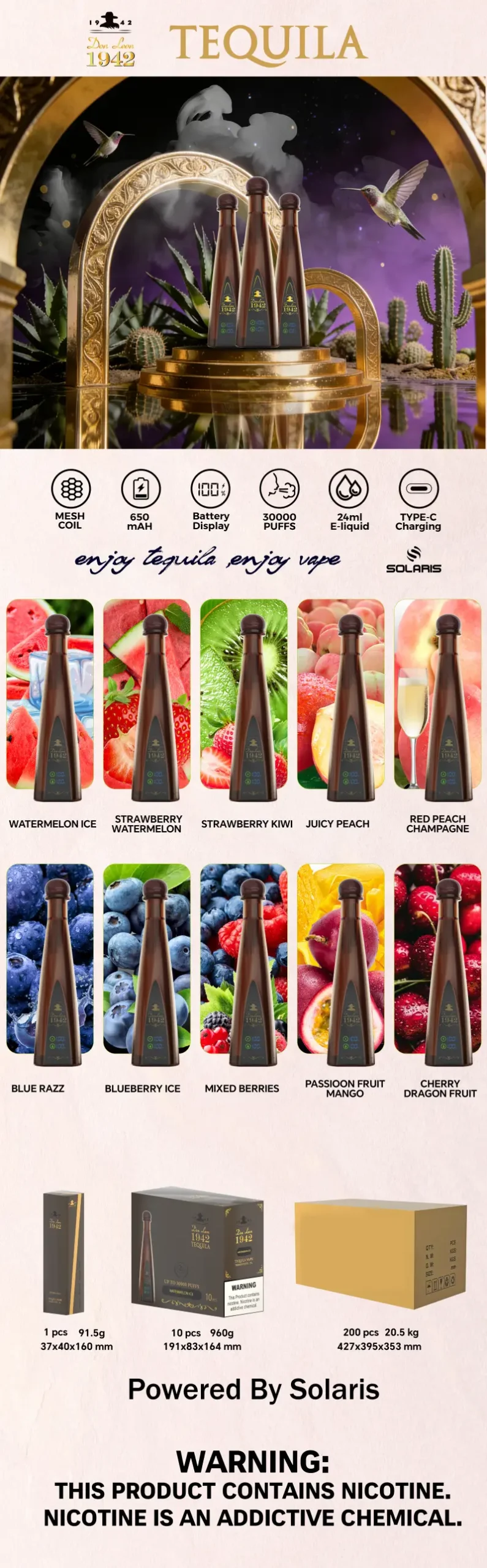 Solaris Tequila 30000 Puffs Don Leon 1942 30k Sigaretta Elettronica Usa e Getta Pen Magazzino UE