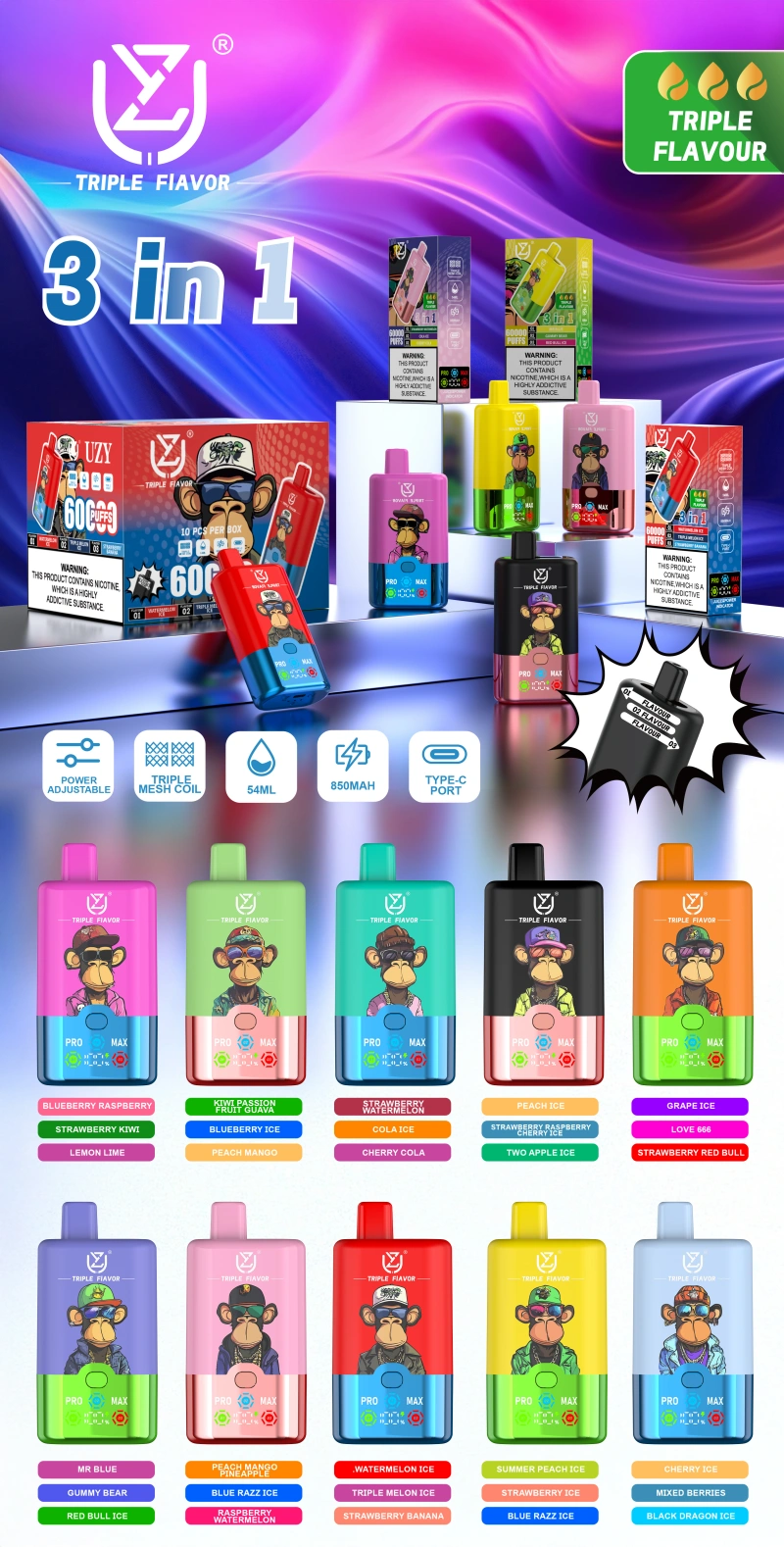 UZY 60K Puffs 3 in 1 Miglior Vape Usa e Getta 60000 Spedizione Gratuita Magazzino UE