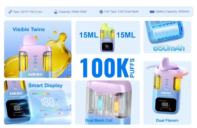 Mesii 100K Puff Visible Twins Doppi Gusti Crystal Vape Usa E Getta Spedizione Gratuita