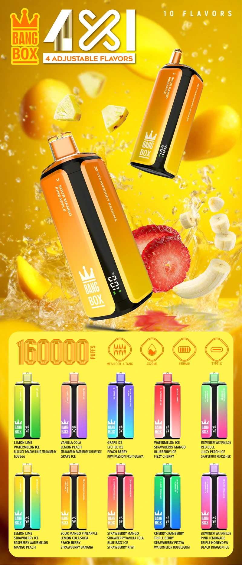 Bang Box 160K Puff 4 in 1 Gusti Regolabili Vape Usa e Getta Negozio Spedizione Gratuita
